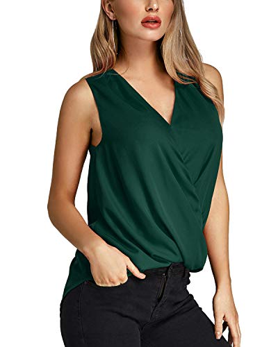 YOINS Camiseta Sin Mangas Mujer Camisola Gasa Camiseta con Cuello En V Camisa Trabajo Informal Playa Blusa Tops Verano Verde L