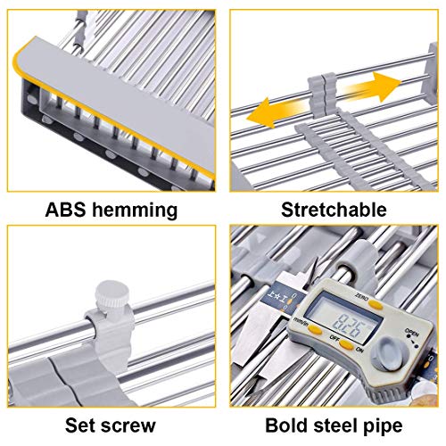 YOMERA Cesta de Drenaje Telescópica de Acero Inoxidable, Escurridor de Platos Ajustable para Fregadero Escurridor de Platos Extensible para Fregadero sobre El Fregadero para Frutas y Verduras