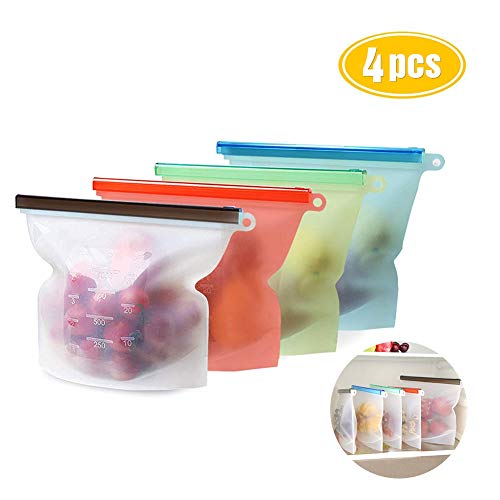 Yompz Bolsas de Silicona, Bolsas Reutilizables de Silicona, Bolsas de Comida, Bolsas a Prueba de Fugas y Sellables para Almacenar Congelación, Calefacción Recipiente hermético(4 x 1L)