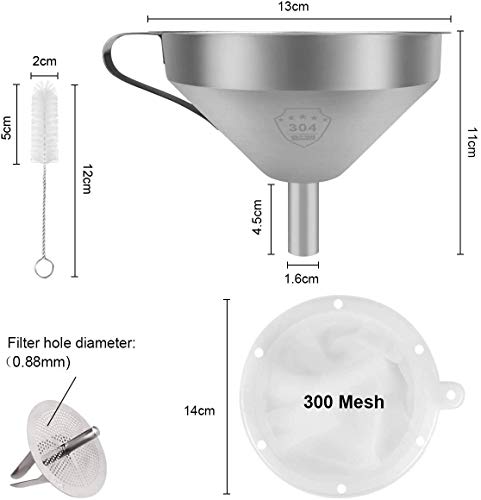 YOU Embudo, Embudo de Acero Inoxidable con Mango y Filtro Desmontable, 300 Filtros de Malla de Filtro de Alimentos para Transferir Líquidos, Aceite, Jugo, café, Vino y Mermelada (13cm)