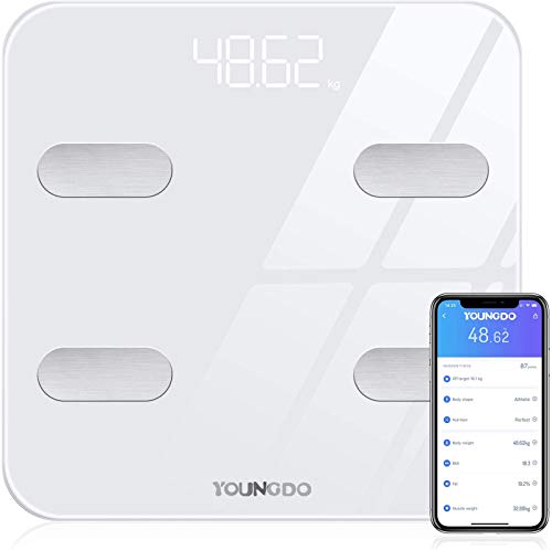 YOUNGDO Báscula Grasa Corporal 30*30, Báscula de Baño Bluetooth hasta 180 kg con 19 Datos del Cuerpo para 8 Usuarios (Peso, Grasa, Músculo, Agua, etc.) Blanco