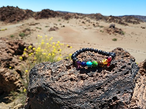 YouOne Pulsera de Mujer Hombre Unisex 7 Chakras Piedra Lava Natural Preciosa Original con Banda elástica Perfecto Regalo joyeria Madre y Padre, Reiki, Amuleto de curación y Yoga Estilo Budista Tantra