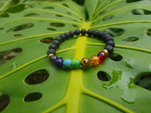 YouOne Pulsera de Mujer Hombre Unisex 7 Chakras Piedra Lava Natural Preciosa Original con Banda elástica Perfecto Regalo joyeria Madre y Padre, Reiki, Amuleto de curación y Yoga Estilo Budista Tantra