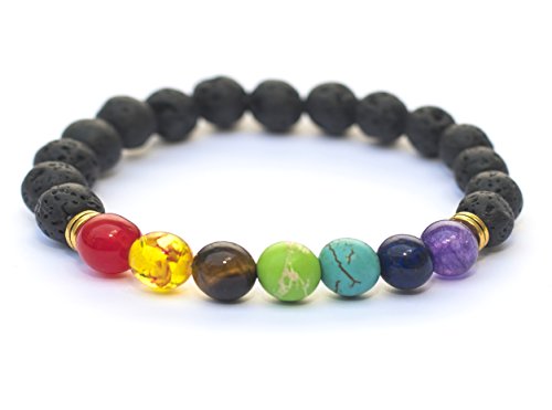 YouOne Pulsera de Mujer Hombre Unisex 7 Chakras Piedra Lava Natural Preciosa Original con Banda elástica Perfecto Regalo joyeria Madre y Padre, Reiki, Amuleto de curación y Yoga Estilo Budista Tantra