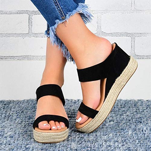 ypyrhh Sandalias de cuña Baja con Tiras en la Puntera,Patrón de Sandalias y Zapatillas,Zapatillas de Mujer con tacón de cuña-Negro_43,Zapatillas de Ducha con Espalda Abierta