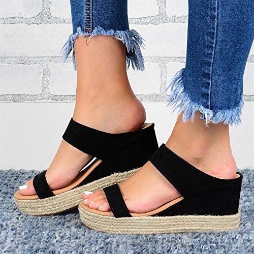 ypyrhh Sandalias de cuña Baja con Tiras en la Puntera,Patrón de Sandalias y Zapatillas,Zapatillas de Mujer con tacón de cuña-Negro_43,Zapatillas de Ducha con Espalda Abierta