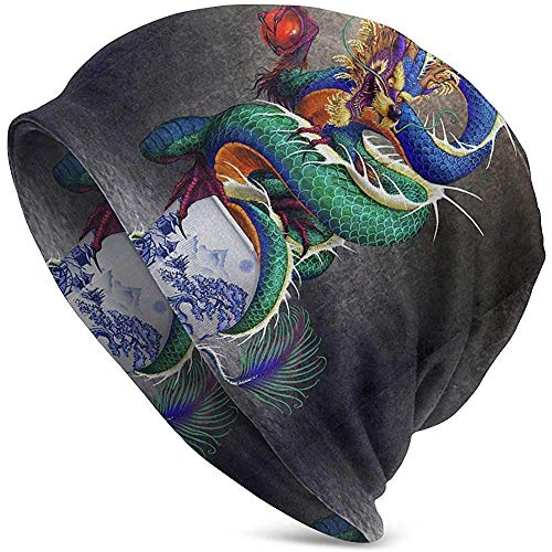 Yuanmeiju Gorros Beanie Dragón Chino Porcelana Azul y Blanca Adulto Comfortbale Colección Suave y Holgada Sombreros de Punto Gorra de Calavera Invierno Verano Esquí Sombrero Holgado