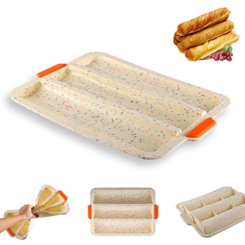 YUANXIA Baguette Hornear Bandeja, Silicona Bricolaje Horneado Bueno Flexibilidad Antiadherente Pan Molde Bandeja Es para Francés Pan, Pan Palos y Pan Rollos (Beige, 3 Rejillas)