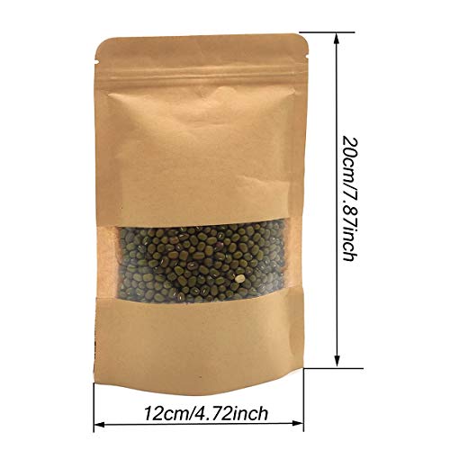 YuChiSX 50 Kraft marrón Bolsas de Papel,Bolsas con Cierre hermético Alimentos Bolsa de Almacenamiento Bolsas de Embalaje con Ventana para Guardar, Galleta, Alimentos secados, Aperitivos (12 x 20 cm)