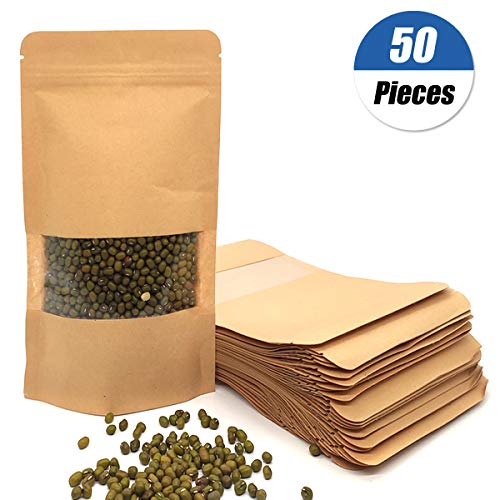 YuChiSX 50 Kraft marrón Bolsas de Papel,Bolsas con Cierre hermético Alimentos Bolsa de Almacenamiento Bolsas de Embalaje con Ventana para Guardar, Galleta, Alimentos secados, Aperitivos (12 x 20 cm)