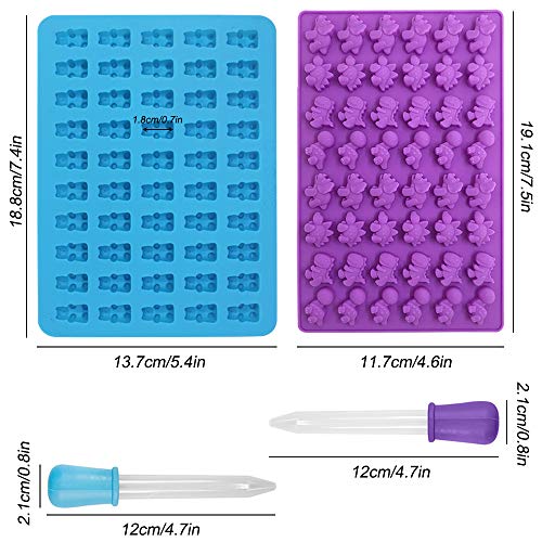 YuCool - Juego de 4 moldes de silicona para gomitas y dinosaurios, antiadherentes de grado alimenticio, silicona de grado alimenticio, con 2 cuentagotas, color morado y azul