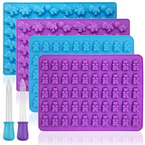 YuCool - Juego de 4 moldes de silicona para gomitas y dinosaurios, antiadherentes de grado alimenticio, silicona de grado alimenticio, con 2 cuentagotas, color morado y azul