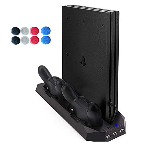 YYKJ Utilizado para Soporte Vertical Sony Playstation 4 Slim/Pro, 3 USB HUB, Cargador de Controlador Dual PS4 Slim/Pro, con Consola de Ventilador de enfriamiento Dual (Negro)