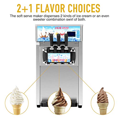 Z ZELUS 1200 W Máquina de Helado Suave Comercial 18L / H Heladoras para Hacer Helados 2 + 1 Sabores Acero Inoxidable 304 Pantalla LED Soft Ice Cream Machine para Restaurantes Snack Bar