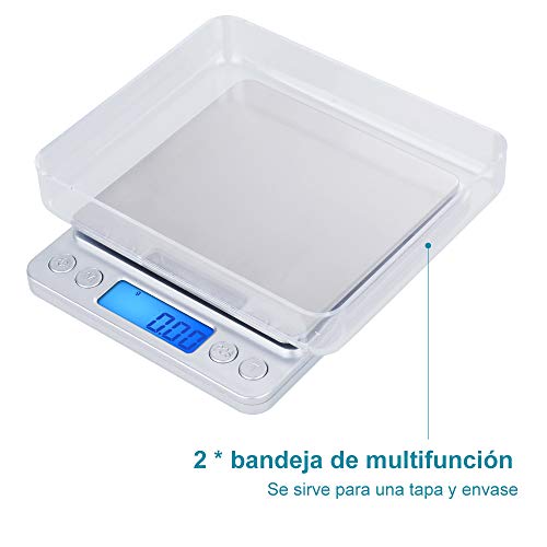 Zacro Báscula Cocina de Presisión Digitales,500g x 0.01g Báscula Balanzas de Alta Precisión,Balanzas Multifuncionales Pro Peso Cocina para Comidas,Joyería,Pantalla LCD,2 Bandejas y Baterías Incluidas