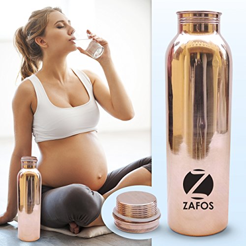 ZAFOS 34oz cobre puro Botella de agua para Yoga o termo con 99% Pureza, hecha a mano, conjunto libre y a prueba de fugas para Ayurvedic beneficios para la salud, deporte, gimnasio, yoga y viajes.