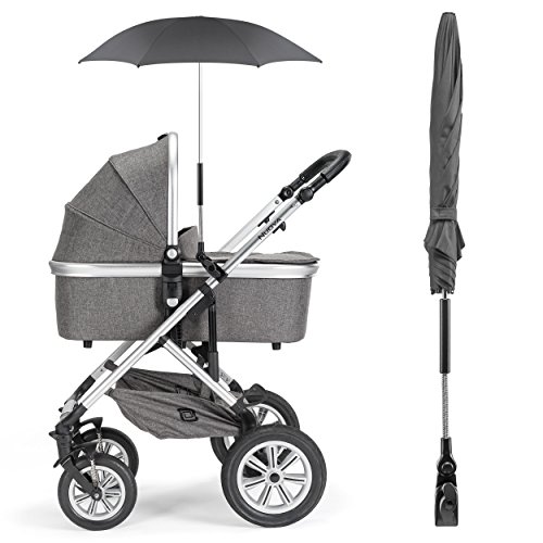 Zamboo - Sombrilla universal Carrito de bebé - Silla de paseo - Parasol flexible con soporte para tubos redondos y ovalados / Protección UV50+, 73 cm diámetro, color negro