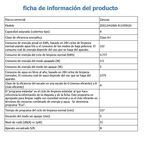 Zanussi ZDS12002WA Lavavajillas AirDry 9 cubiertos, Clase A+, Desconexión automática, 6 programas a 3 temperaturas, Programa Rápido en 30 min, Intensivo a 70º, 51 dBA, Blanco, 45 cm