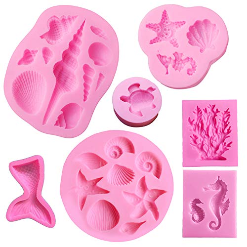 Zasiene Molde Silicona 7 piezas Molde de Silicona Marina Animales Moldes Silicona Molde de Sirena Moldes de Silicona para Manualidades para Decorar Tartas, Pasteles, Chocolate, Fondant