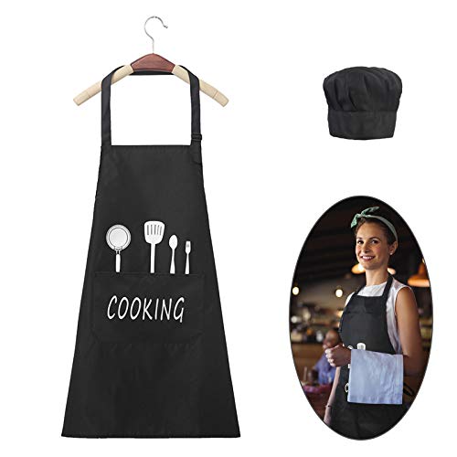 ZERHOK Delantal Negro Ajustable Impermeable Adultos 2pcs Mandil Cocina Ligero y a Prueba de Aceite Gorro Cocinero Barbacoa heramienta Cooking de Fibra Poliester para Restaurante panadería y casa