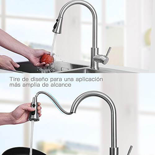 ZREE Grifo Cocina Extraible, Giratorio de 360 grados Grifos Cocina extensible de 3 Vías para Ahorro de Agua, Acero Inoxidable Grifos para fregadero con Control de Agua Fría y Caliente