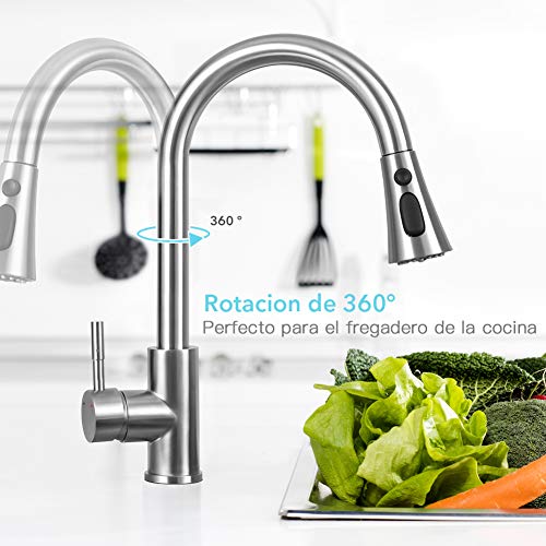 ZREE Grifo Cocina Extraible, Giratorio de 360 grados Grifos Cocina extensible de 3 Vías para Ahorro de Agua, Acero Inoxidable Grifos para fregadero con Control de Agua Fría y Caliente