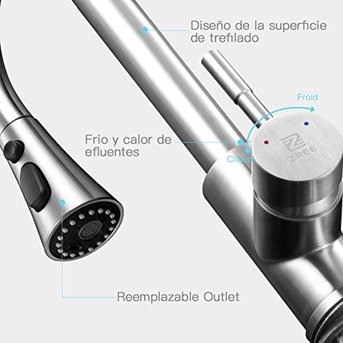 ZREE Grifo Cocina Extraible, Giratorio de 360 grados Grifos Cocina extensible de 3 Vías para Ahorro de Agua, Acero Inoxidable Grifos para fregadero con Control de Agua Fría y Caliente