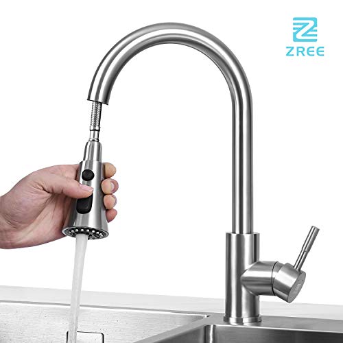 ZREE Grifo Cocina Extraible, Giratorio de 360 grados Grifos Cocina extensible de 3 Vías para Ahorro de Agua, Acero Inoxidable Grifos para fregadero con Control de Agua Fría y Caliente