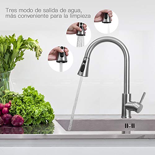 ZREE Grifo Cocina Extraible, Giratorio de 360 grados Grifos Cocina extensible de 3 Vías para Ahorro de Agua, Acero Inoxidable Grifos para fregadero con Control de Agua Fría y Caliente