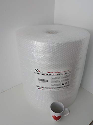 Zs Products - Rollo de plástico de burbujas (0,50 metros x 50 metros), protección de objetos frágiles, embalaje, transporte y mudanzas. Papel de burbujas de calidad europea.