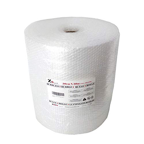 Zs Products - Rollo de plástico de burbujas (0,50 metros x 50 metros), protección de objetos frágiles, embalaje, transporte y mudanzas. Papel de burbujas de calidad europea.