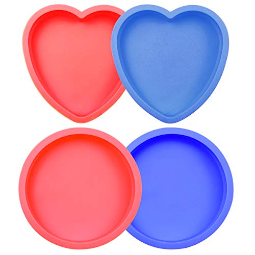 Zuzer Molde de Pastel de Silicona, 4pcs Molde Redondo de Silicona Forma de Corazon Moldes para Hornear(Rojo Azul)