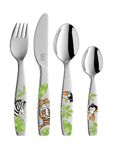 Zwilling Jungle - Juego cubertería infantil, 4 piezas con esmalte, acero inoxidable