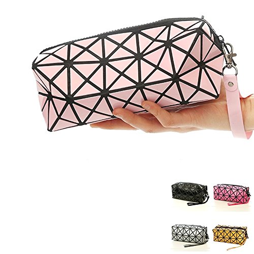 1 bolso plegable para mujer, con diseños de rombos, de piel sintética, en forma de cubo, para maquillaje o como bolso de mano rosa Rosa