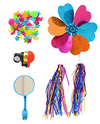 1 lot (5) enfants Bike Accessoires Scooter Guidon de transport coloré serpentins Pompon de vélo Grips Sparkle Tassel ruban Fleur Pinwheel Roue Décoration étoiles Spoke Perles/vélo Bell/petit Miroir