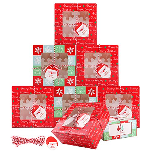 10 cajas para tartas navideñas con 4 orificios, cajas para galletas navideñas con ventana, cajas para magdalenas navideñas, caja para panadería navideña con cadena de embalaje etiquetas 16 x 16 x 8 cm