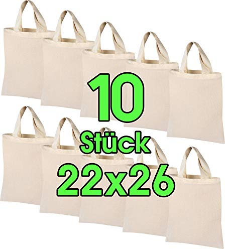 10 pieza 22 x 26 cm Funda de algodón natural unbedruckt Corto Asa - Plástico Funda, Bolsa, Bolsa, Hipster, Vegan textil Bolsa con Certificación ÖKOTEX lana Pack Monótono para pintar y Imprimir