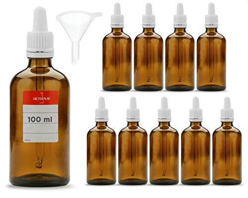 10 x frascos de pipeta de 100 ml con pipeta de vidrio, frascos de vidrio de color ámbar con pipeta dosificadora, frascos de farmacia / laboratorio, para gotas para los ojos, flores de Bach, aceites