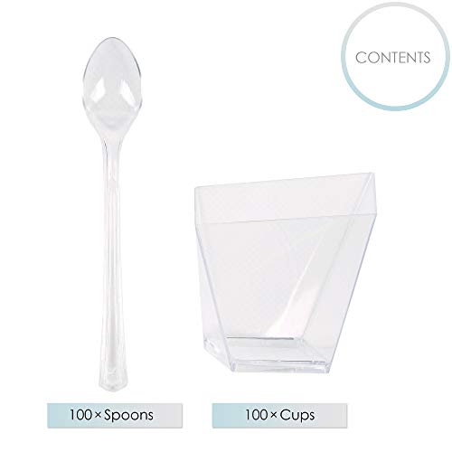 100 Copas de Postre de Plástico Desechables, Tazas Trapezoidales con 100 Cucharas, Transparente 70ml| Resistente y Reutilizable| Vasos Cuencos para Postres Mousse Aperitivos Fiesta Cumpleaños Bodas.