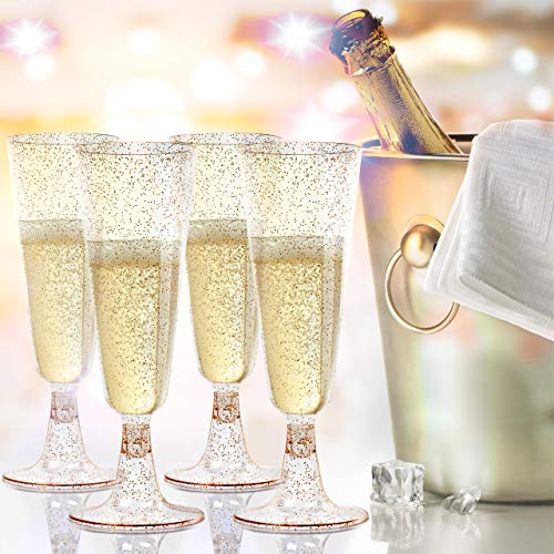 100 Copas Flautas de Champán de Plástico Desechables, Brillo Dorado 150ml| Elegante, Resistente y Reutilizable| Vasos Alargadas Champagne para Fiestas Cumpleaños Boda Navidad Año Nuevo.