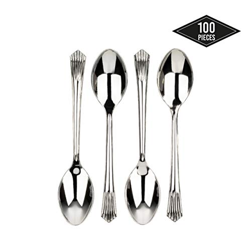 100 Cucharas Desechables de Plástico Plateado - Resistente, Durable y Reutilizables| Vajilla Desechable, Cubiertos de Plástico Plata para Fiestas Cumpleaños Bodas Navidad Año Nuevo.