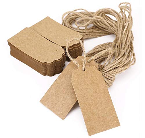 100 etiquetas de regalo de papel Kraft con 100 pies de cuerda de yute natural para bodas, rectangulares, color marrón