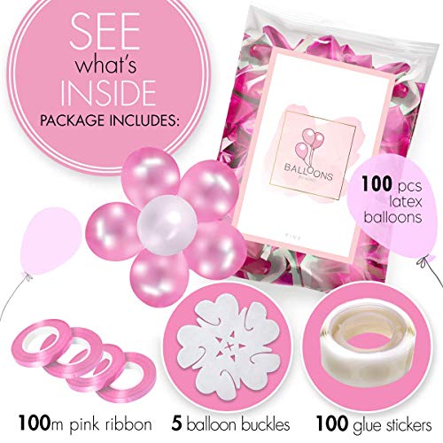 100 Globos rosas de látex + Cinta rosa + Soportes + Pegatinas de pared de globos | 5 colores mezclados | Fiesta rosa, Primera Comunion, Bautizo Niña, Boda, Cumpleaños | 30 centímetros | Helio o Aire