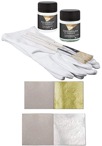 100 hojas 23 kilates pan de oro 3,8 x 3,8cm + 100 hojas hoja de plata pur 5 x 5cm + 1 x Emulsión de pegamento 50ml + 1 x Venis de protección 50ml + 1 x par de guantes + 2 x Cepillos