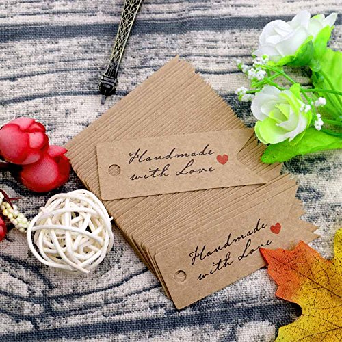 100 pcs Etiquetas de Papel Kraft Etiquetas de Regalo Kraft Mini 7 x 2.5 cm "Handmade with Love" Etiquetas Kraft con 30M de Cuerda de Yute hechas a mano para boda equipaje, marrón