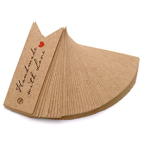 100 pcs Etiquetas de Papel Kraft Etiquetas de Regalo Kraft Mini 7 x 2.5 cm "Handmade with Love" Etiquetas Kraft con 30M de Cuerda de Yute hechas a mano para boda equipaje, marrón