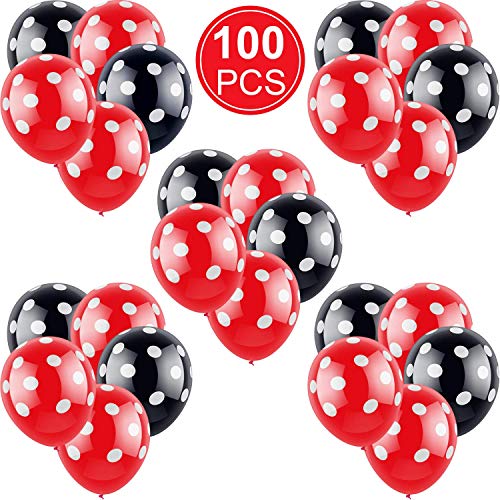 100 PSC Decoraciones de cumpleaños de Minnie Mouse rojas y negras para niñas Negro con Lunares Blancos y Rojo con Globos de Lunares Blancos para Bodas,Fiestas, cumpleaños,decoración de Fiestas