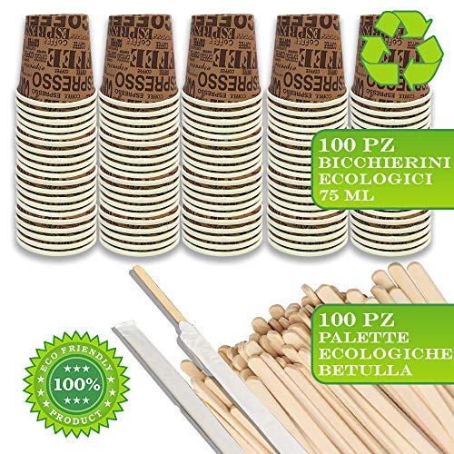100 vasos de café de papel biodegradables tazas de 75 ml + 100 paletas de madera de abedul