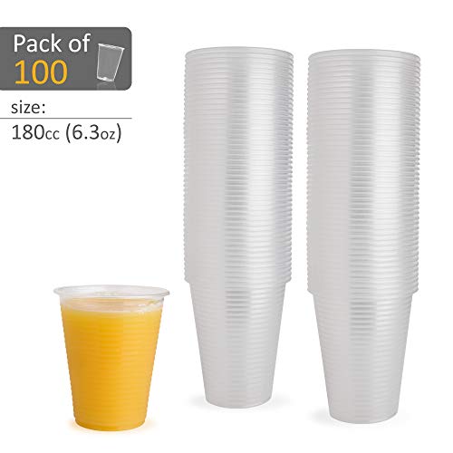 100 vasos de plástico desechables transparentes ~ 180 cc ~ Vasos ideales para fiestas, picnic, barbacoa, viajes y eventos.