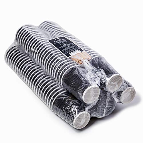 100 Vasos Desechables Ondulación Negra de Doble Pared de Café para Llevar - Vasos Carton 360 ml 12 Onzas con Tapas y Agitadores de Madera para Servir el Café, el Té, Bebidas Calientes y Frías